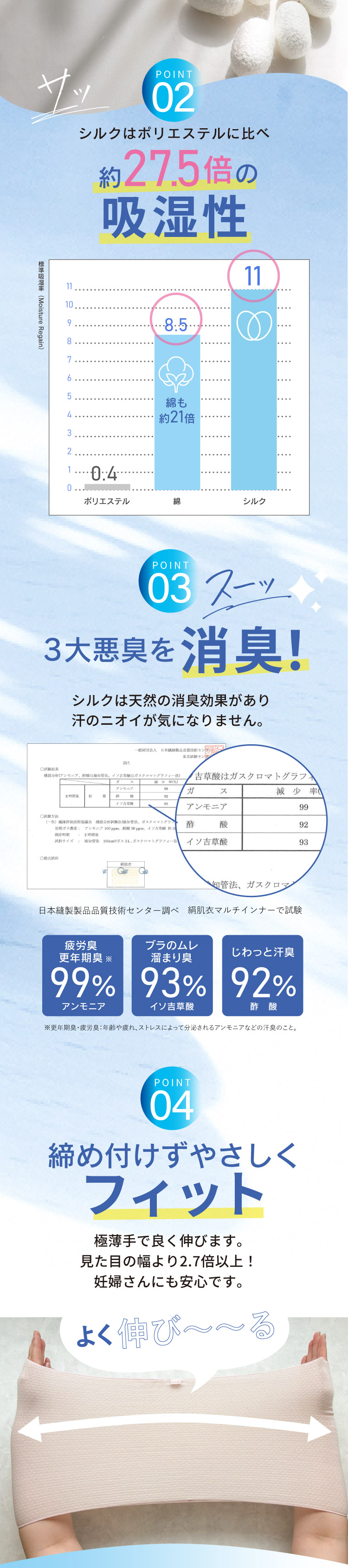 吸湿性、消臭、締め付けない