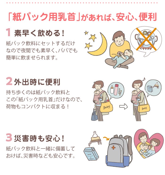「紙パック乳首」があれば、安心、便利。紙パック飲料と一緒に備蓄しておけば、災害時なども安心です。