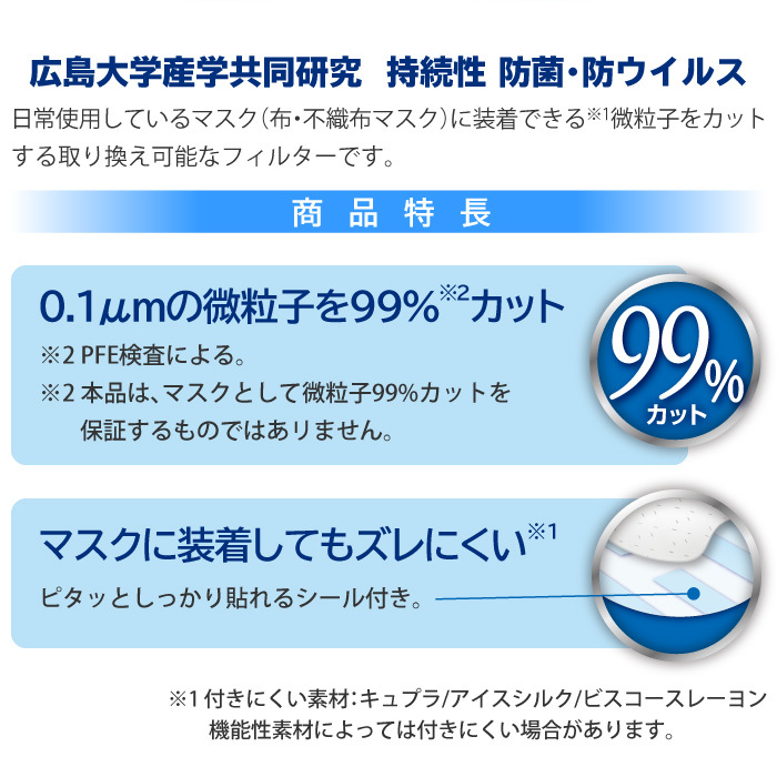 Etakマスクインナーフィルターは、日常使用しているマスク（布・不織布マスク）に装着できる微粒子をカットする取り換え可能なフィルターです