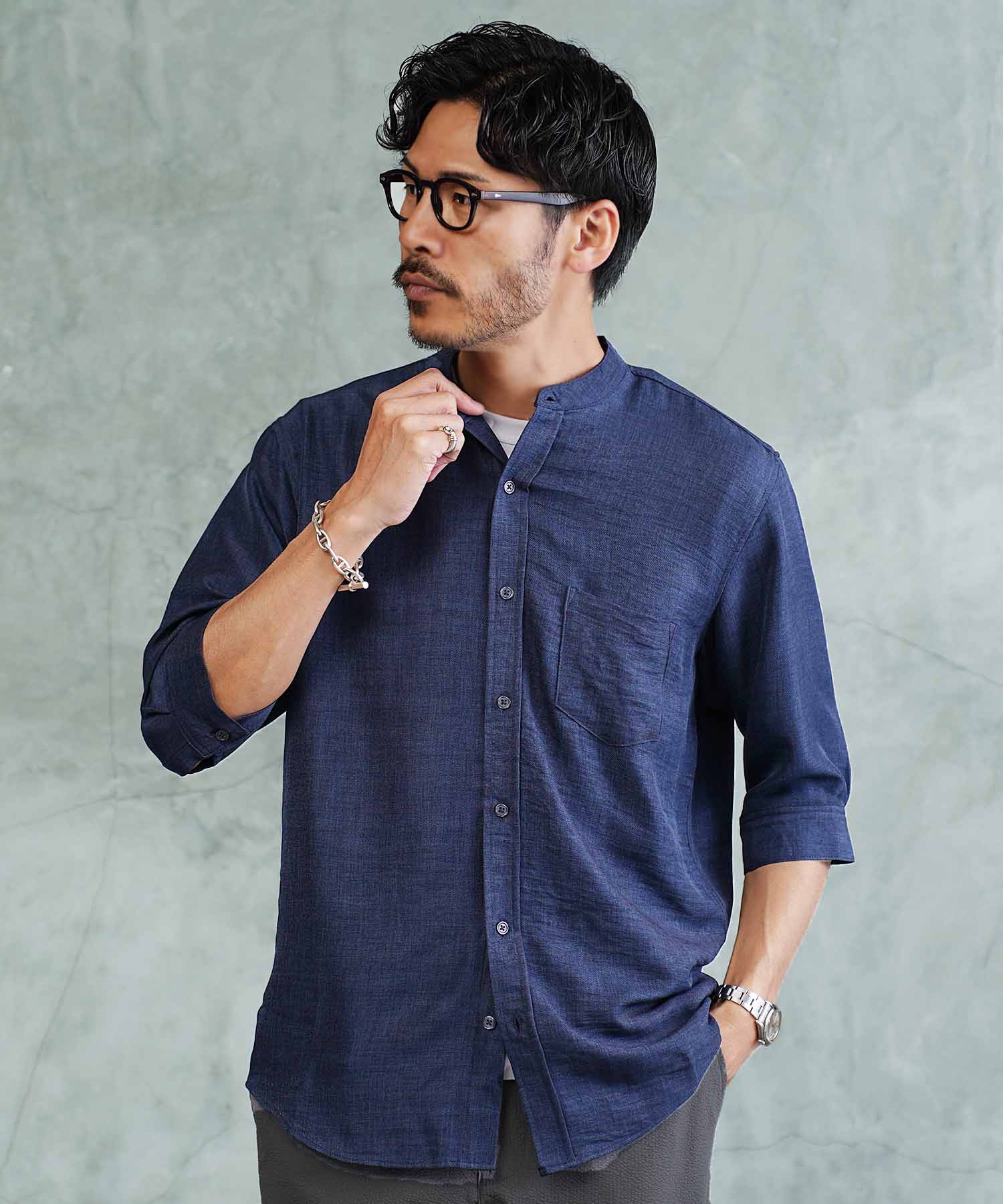 シャツ メンズ トップス 5分袖シャツ 麻タッチ バンドカラーシャツ ドライタッチ 襟なし カジュアルシャツ リゾート リラックス 20代 30代 40代 春服 夏服 | JIGGYS SHOP | 03
