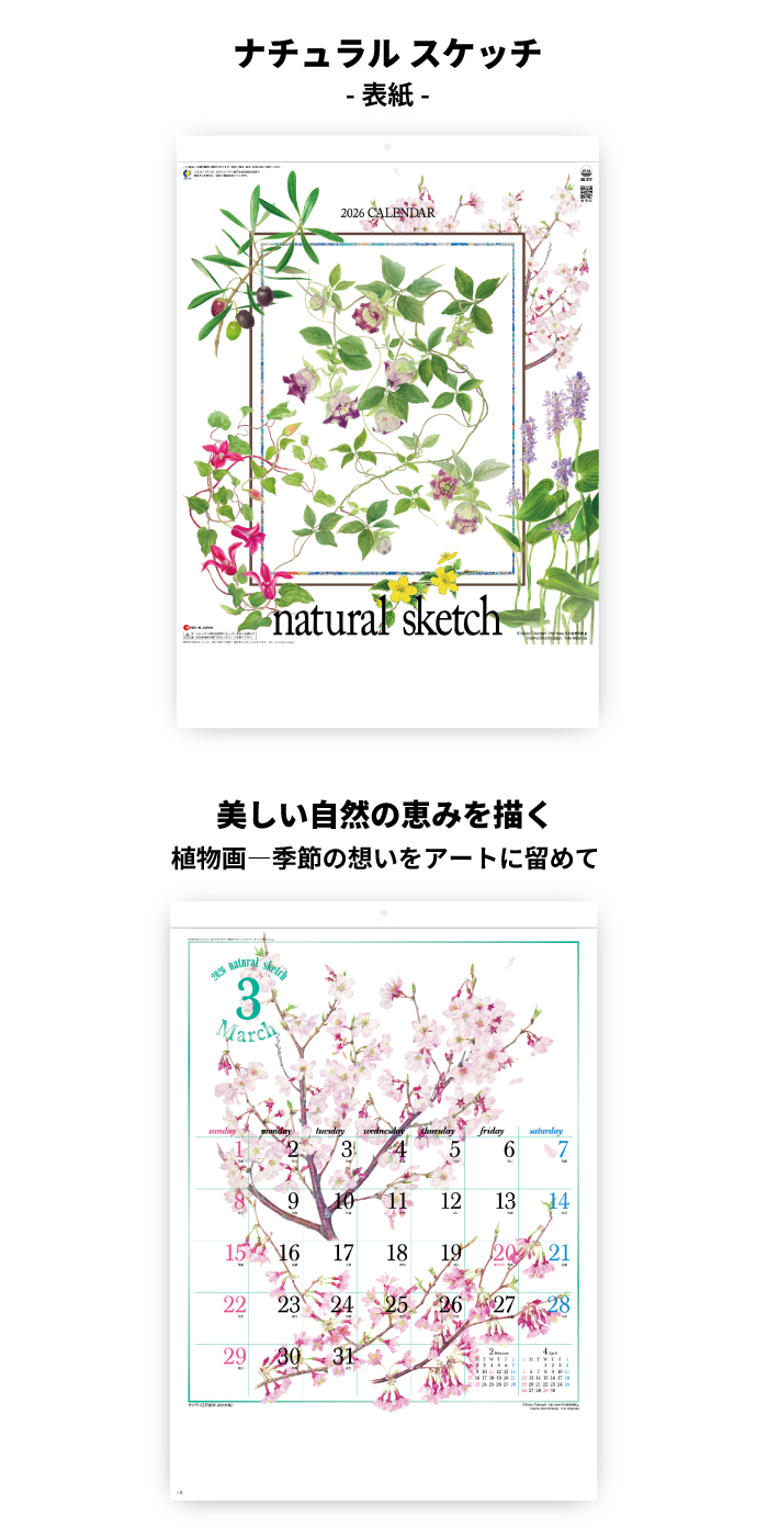 2021年度  ナチュラルカレンダー♡ カレンダー 2026年 壁掛け ナチュラルスケッチ SG277 2026 おしゃれ 花
