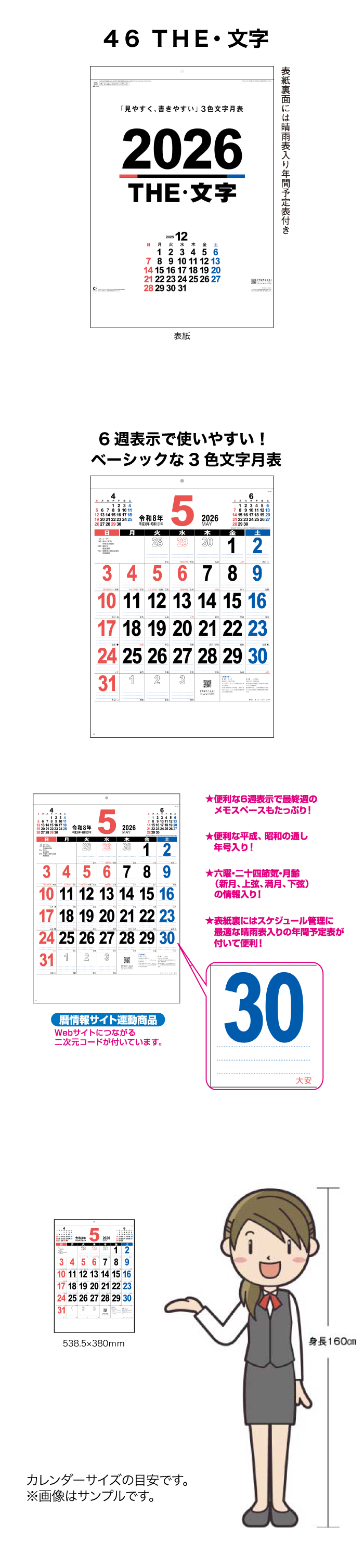新日本カレンダー カレンダー 2026年 壁掛け 46 THE・文字 NK196 2026