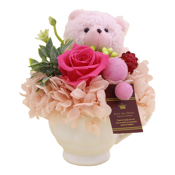 花柄クマのぬいぐるみと造花とブリザードフラワーアレンジメント くま クマ 熊 花束 ぬいぐるみ アレンジ ベア 花 プリザーブドフラワー