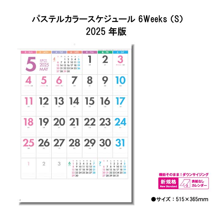 カレンダー 2025年 壁掛け パステルカラースケジュール 6weeks