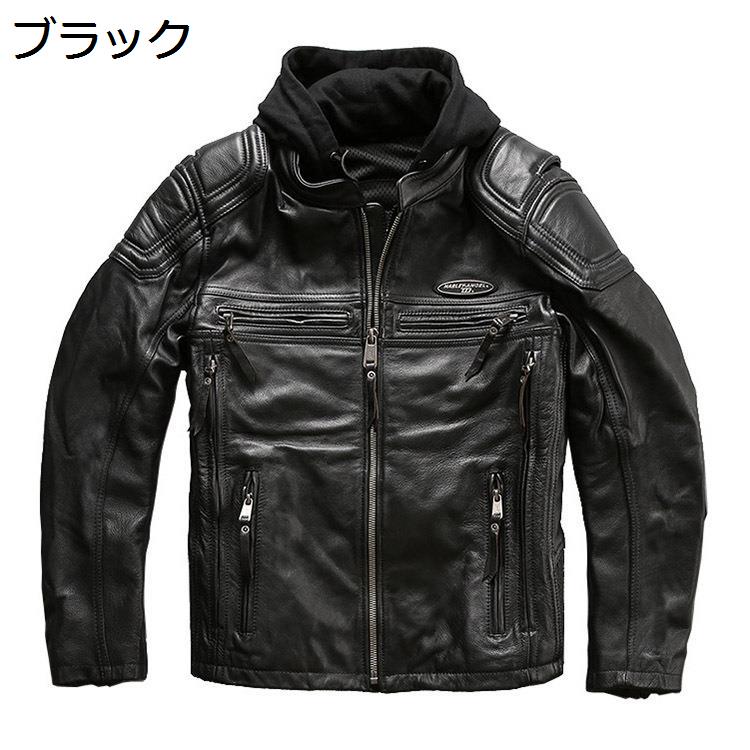 メンズ レザージャケット 牛革 ライダースジャケット 取り外せるフード カジュアル 防寒 防風 本革コート ブルゾン 秋冬 パーカー 日常の画像