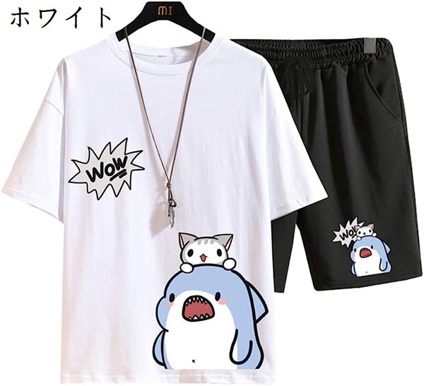 セットアップ ジャージ メンズ さめ パーカー 夏服 五分袖 Tシャツ ハーフパンツ 可愛い スポー...