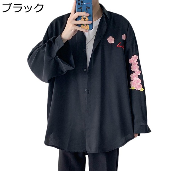 シャツ 長袖 メンズ 開襟シャツ 刺繍 花柄 ちょいワル 春夏秋