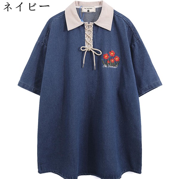 ポロシャツ メンズ デニム 花柄刺繍飾り 夏用 五分袖 折り襟
