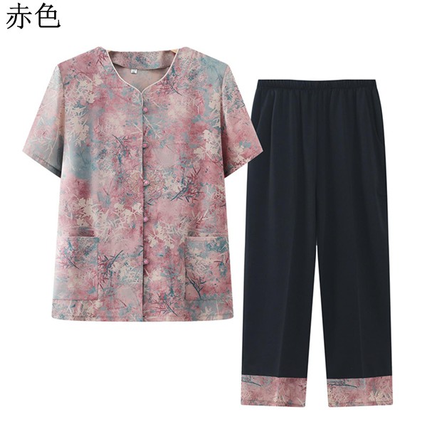 2点セット Tシャツ 半袖 ブラウス 切り替え トップス ボタンダウン 9分丈パンツ ズボン 高齢者 祖母 お年寄り 女性 婦人 夏着 Amazon | [WOOYOO] tシャツ レディース セット 半袖 ブラウス