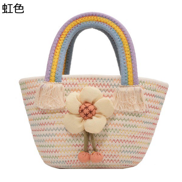 ペーパー編み 夏用 花モチーフ 虹 手提げバッグ かご 編みバッグ ペーパー編み 夏用 花モチーフ 虹 手提げバッグ かご 編みバッグ