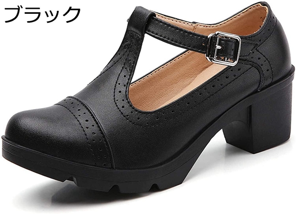 メリージェーン靴 レディース チャンキーヒール 5.5cm 走れる 小さいサイズ 黒 ベージュ ホワイト ラウンドトゥ Tストライプ 美脚｜jinichirosasaki｜02