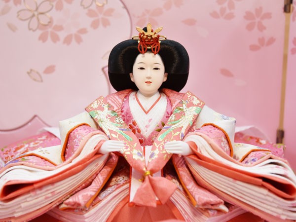 雛人形 ピンク色 収納飾り コンパクト 三段飾り 5人 五人飾り 3段