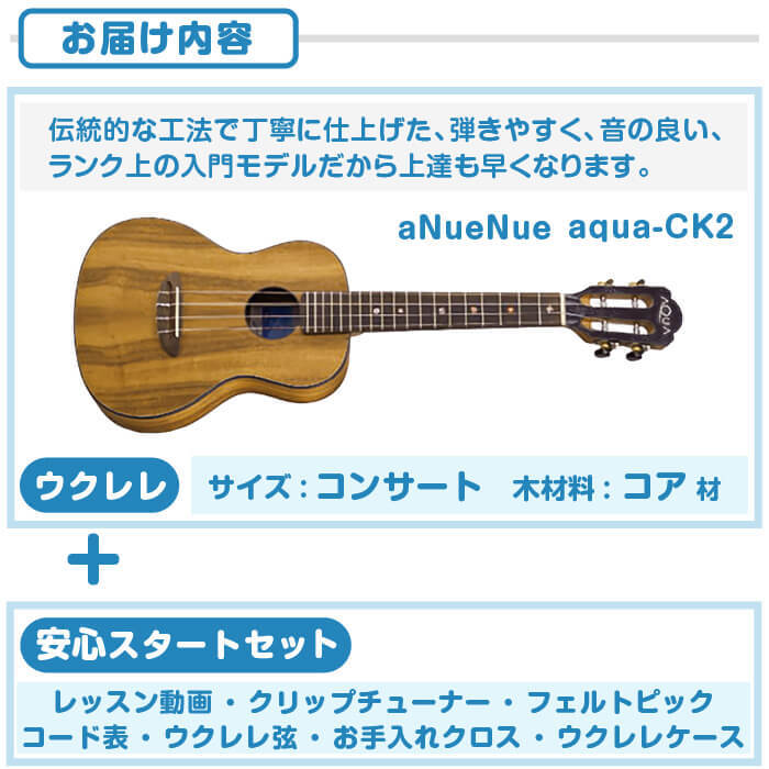 ウクレレ 初心者セット アヌエヌエ AQUA-CK2 コア材 (aNueNue ちょっと大きな コンサートサイズ 入門 セット)