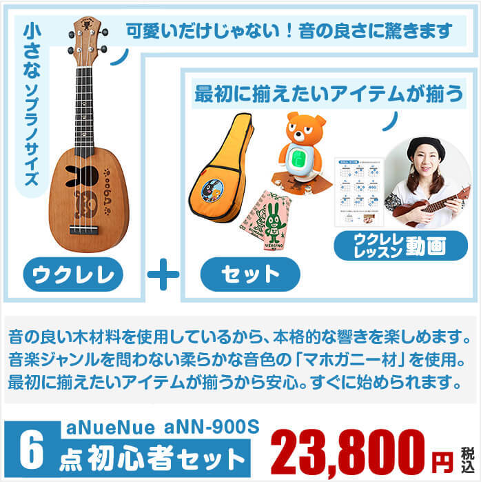 ウクレレ 初心者 セット 入門 2点〜6点 aNueNue aNN-900S マホガニー材