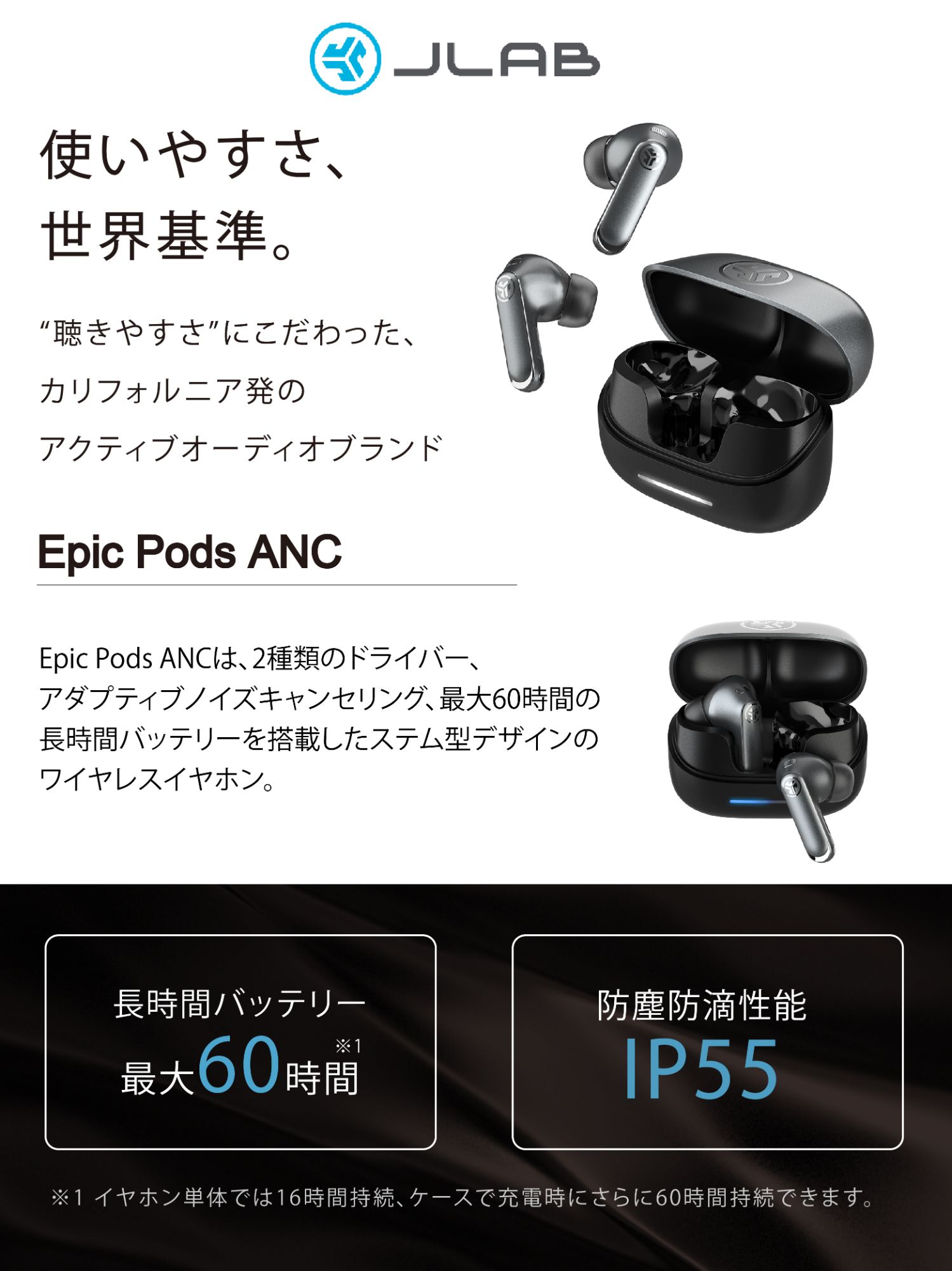 JLAB EPIC PODS ANC ワイヤレスイヤフォン Amazon.com: JLab Epic Pods ANC, True Wireless Earbuds, Active
