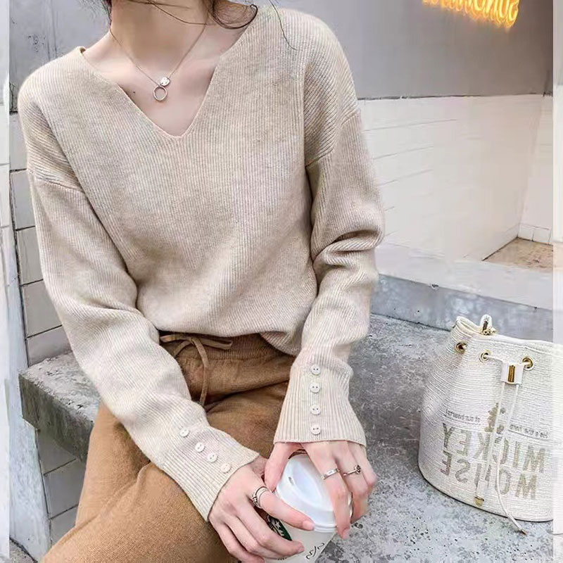 リブニット Vネック ニットセーター レディース トップス 長袖 無地 袖