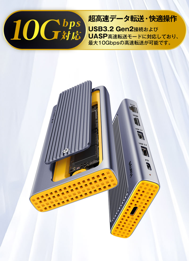 ポイント5倍 6-in-1 M.2 SSD外付けケース 10Gbps USB3.2 Gen2 USB Cハブ M.2 NVMe/SATA  SSDリーダー PD3.0 100W急速充電 HDMI 4K 60Hz RJ45 LANポート翌日配達