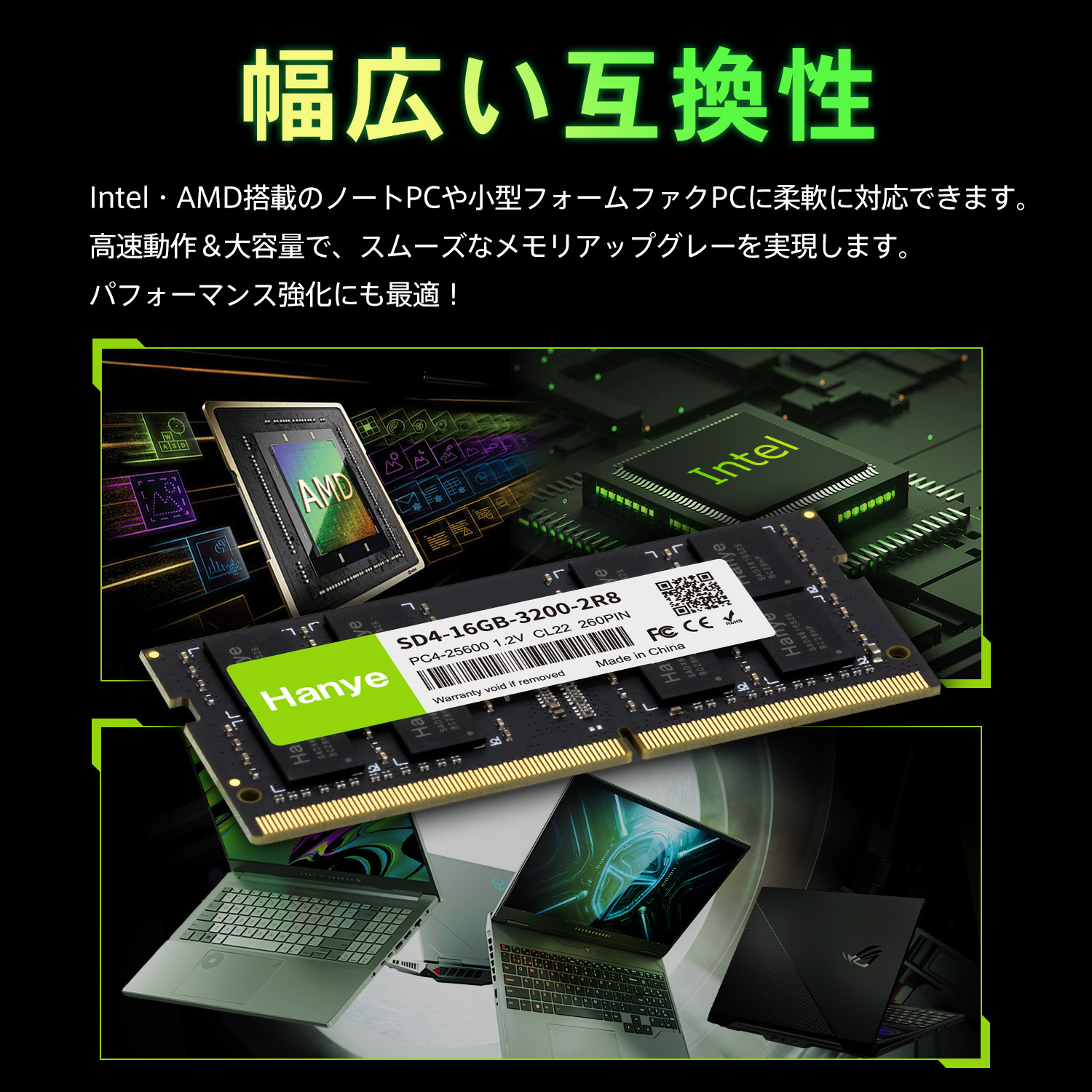 Hanye ポイント2倍 ノートPC用メモリ PC4-25600(DDR4-3200) 16GB