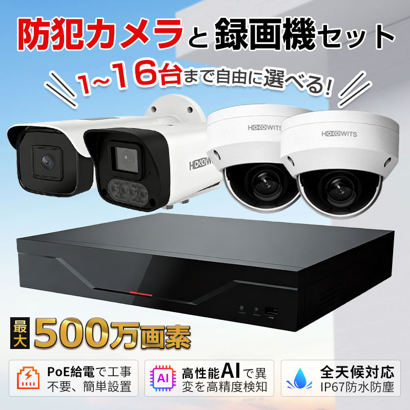 HOLOWITS 防犯カメラ・録画機セット 最大16台接続 AI人体検知 400万