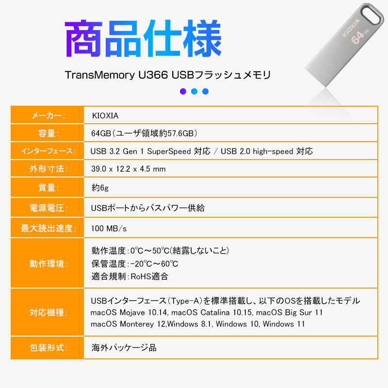 セール USBメモリ 64GB Kioxia USB3.2 Gen1 U366 100MB/s 薄型 
