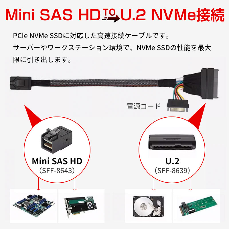 Mini SAS HD 高速ケーブル SFF-8643 to U.2（SFF-8639）NVMe PCIe SSD