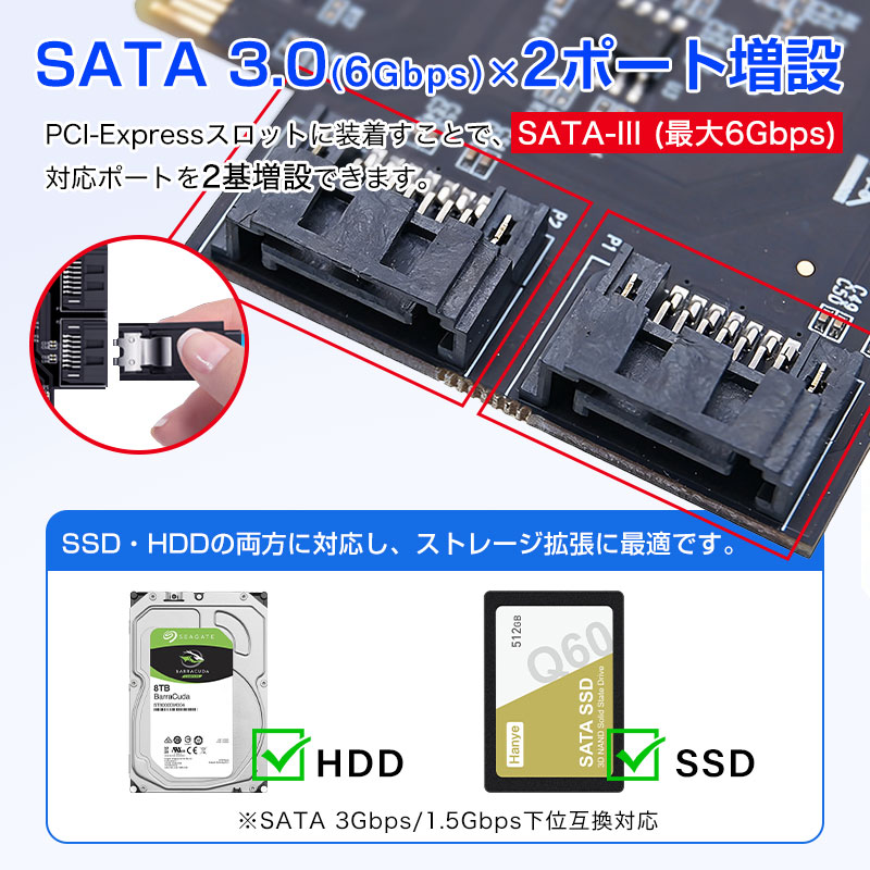 SATA 2ポート増設 PCI Expressインターフェースカード PCIe SATA拡張