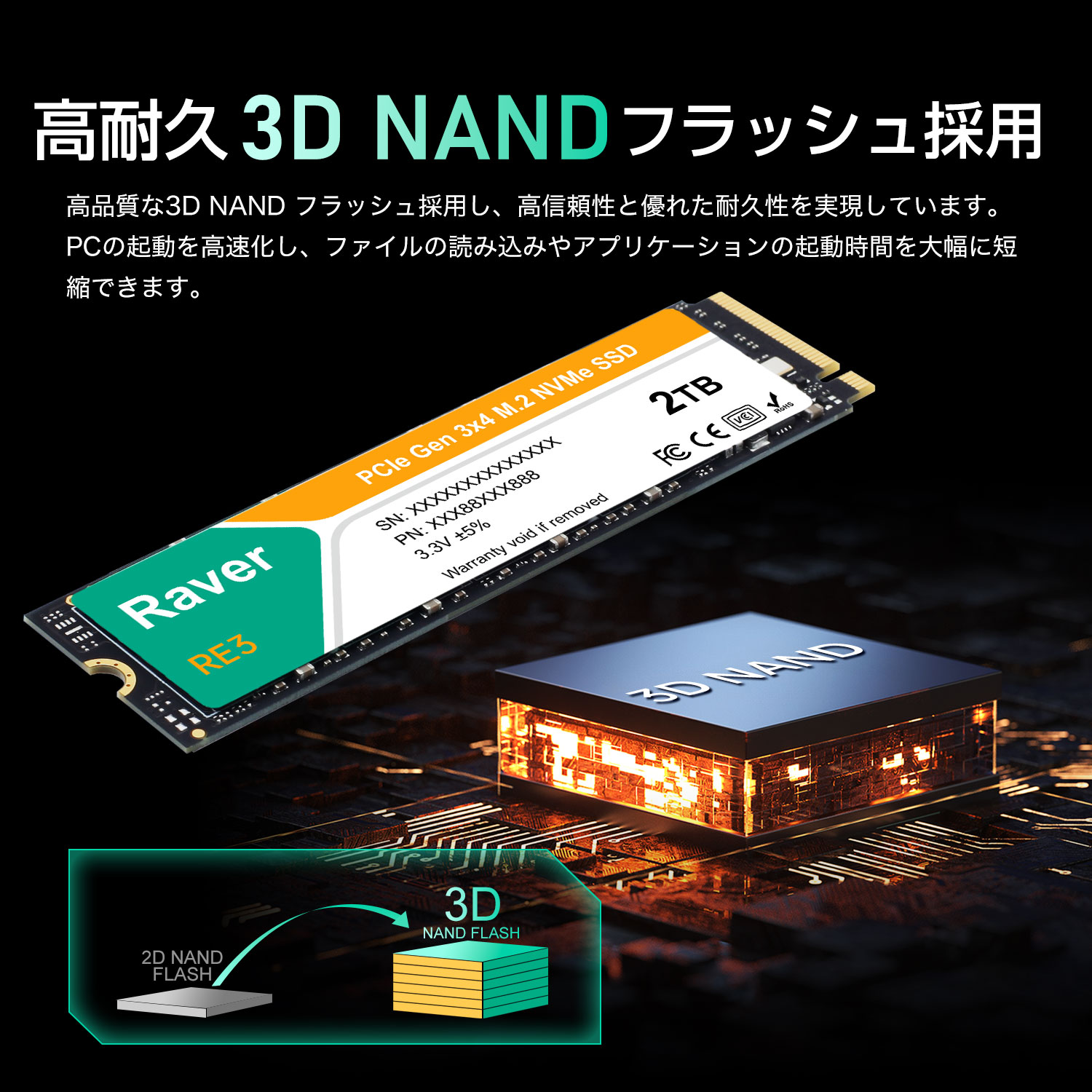 Raver 内蔵型 SSD 2TB PCIe Gen3x4 M.2 NVMe 2280 3300MB/s 3D NAND