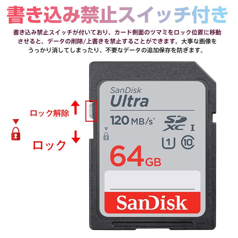 嘉年華 / SDXCカード Ultra 64GB UHS-I U1 R:120MB/s Class10 SanDisk サンディスク  SDカードSDSDUN4-064G-GN6IN海外向けパッケージ