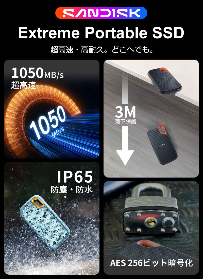 SanDisk Extreme ポータブルSSD 1TB USB3.2 Gen2 R:1050MB/s W:1000MB/s 外付けSSD SDSSDE61-1T00【翌日配達】5年保証 並行輸入品 関連画像1