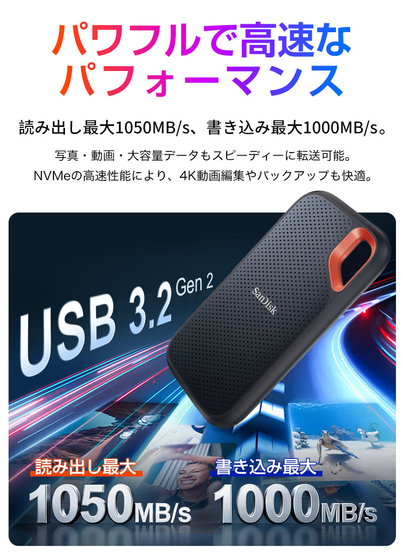 SanDisk Extreme ポータブルSSD 1TB USB3.2 Gen2 R:1050MB/s W:1000MB/s 外付けSSD SDSSDE61-1T00【翌日配達】5年保証 並行輸入品 関連画像2