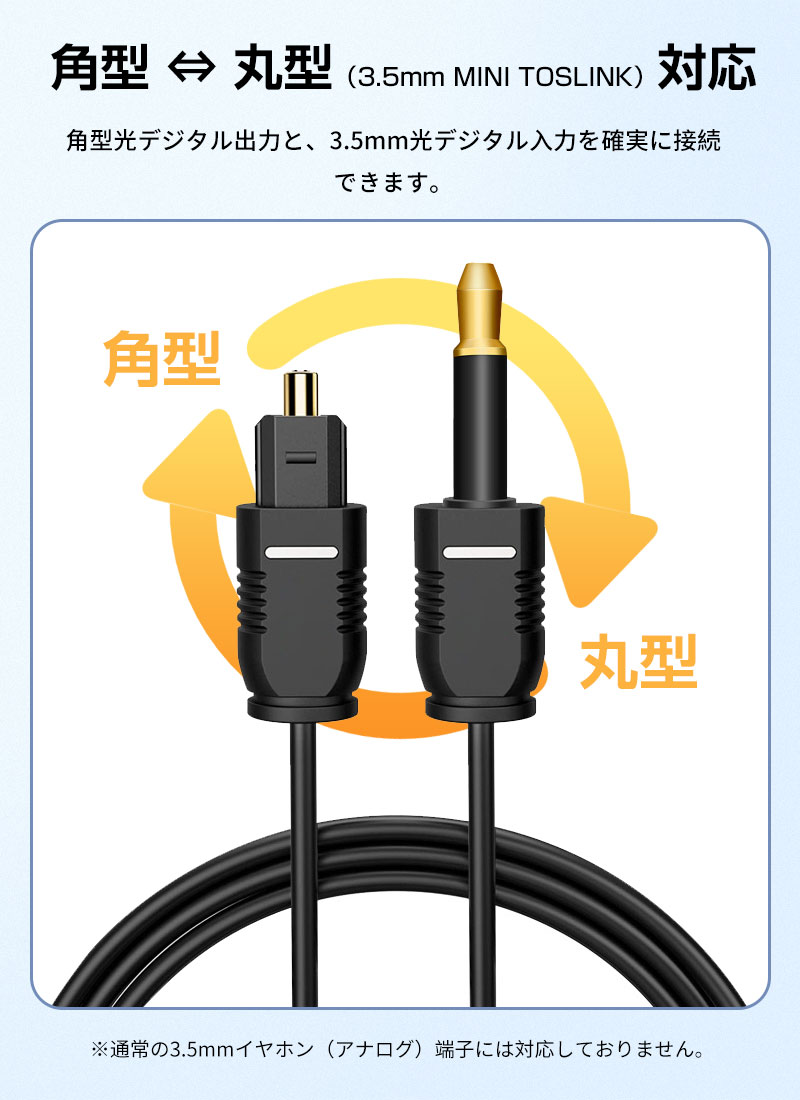 S/PDIF 光デジタルオーディオケーブル 角型-丸型（3.5mm MINI TOSLINK