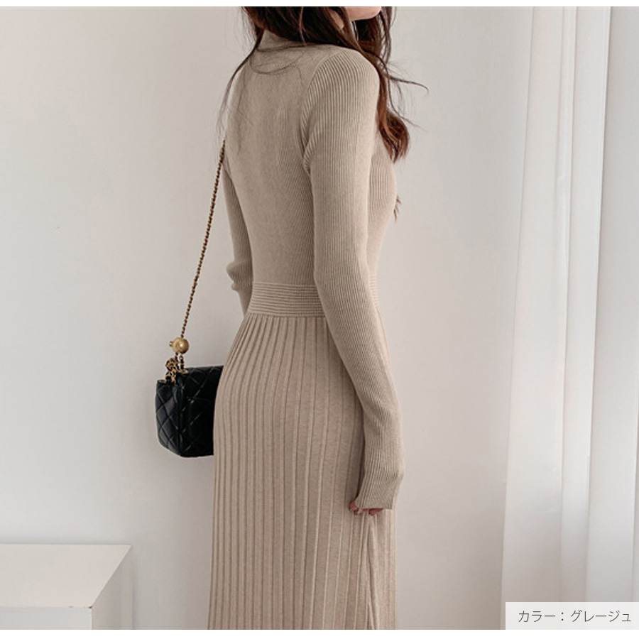 ニットワンピース ウエスト切り替え ハーフネック Aライン リブ 膝下丈 長袖 レディース 春 フリーサイズ 5000 |  | 17
