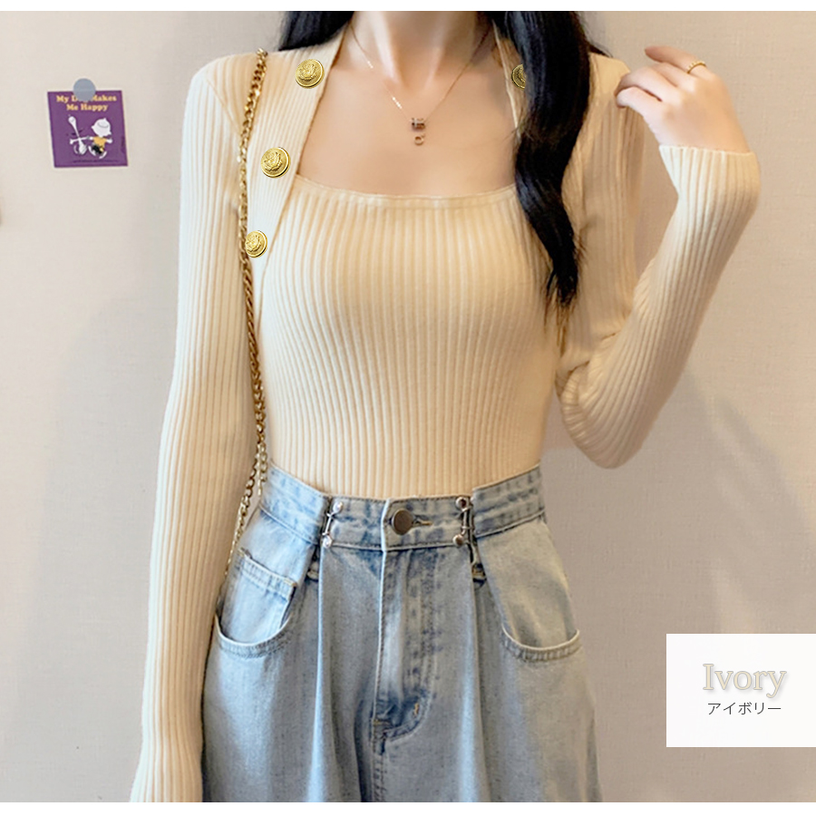 ニット トップス 長袖 金ボタン ボレロ風 リブ レイヤード風 無地 大人