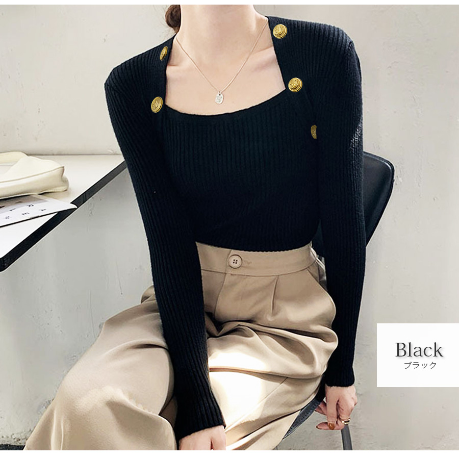 ニット トップス 長袖 金ボタン ボレロ風 リブ レイヤード風 無地 大人