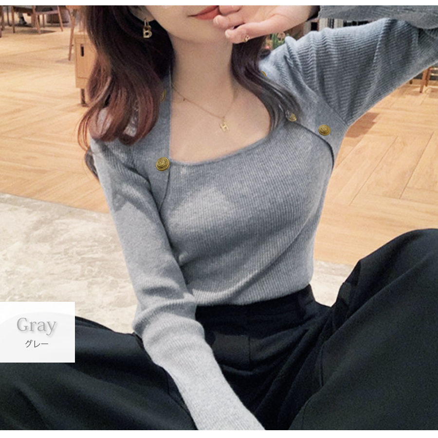 ニット トップス 長袖 金ボタン ボレロ風 リブ レイヤード風 無地 大人