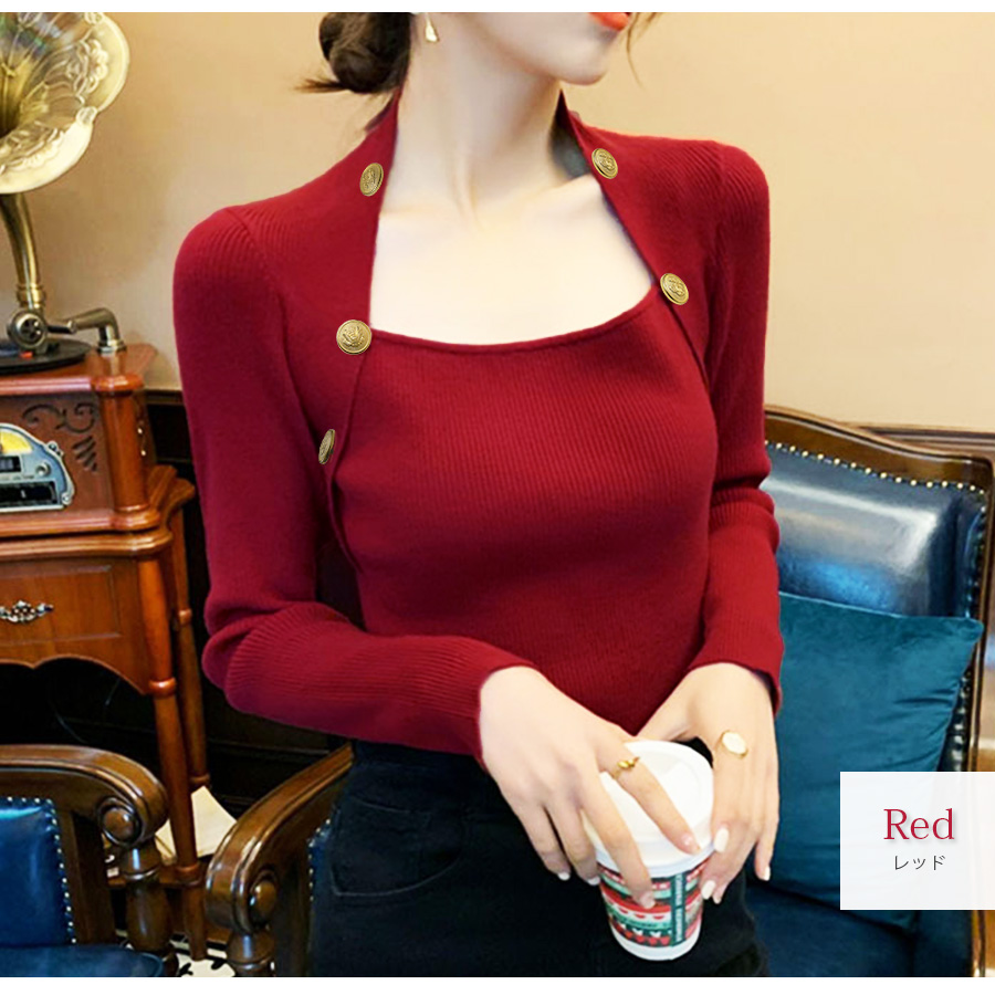 ニット トップス 長袖 金ボタン ボレロ風 リブ レイヤード風 無地 大人