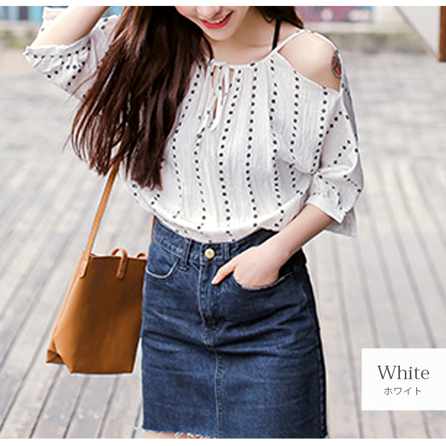 オフショルダー ドット ブラウス 半袖 韓国ファッション トップス 肩