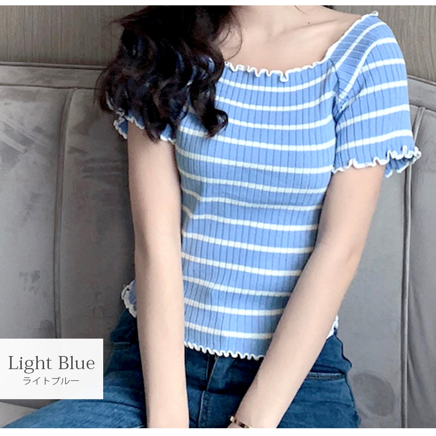 メロウフリル ボーダー 半袖 ニット ブラック 黒 ホワイト 白 ピンク