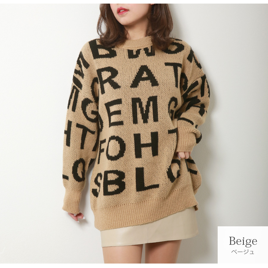 ニット トップス ロゴ 英文字 クルーネック 長袖 韓国ファッション 