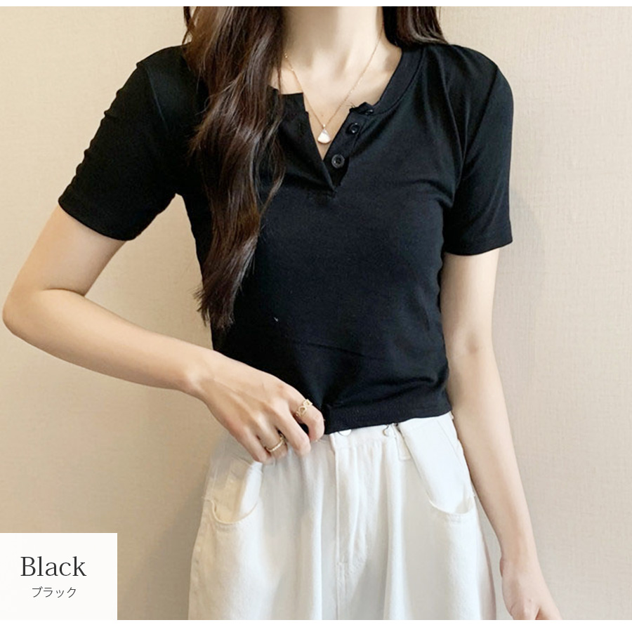 スナップ ヘンリーネック Tシャツ 半袖 ルーズ 韓国 2色 hr9732 天竺 無地 ヘンリーネック 半袖Tシャツ＆ハーフパンツ(72982985