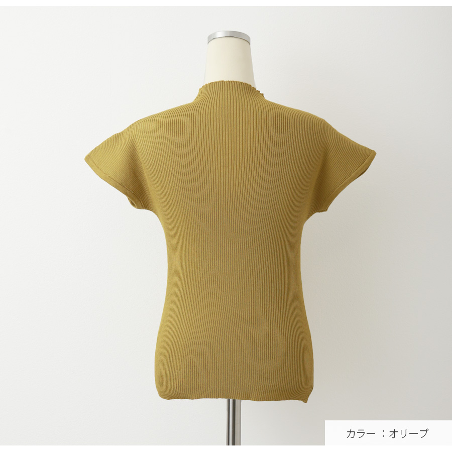 プリーツプリーズ ハイネックカットソー フレンチスリーブ 裾サイド紐ボタン プチハイネック フレンチスリーブ トップス 薄手 サマーニット 無地 着
