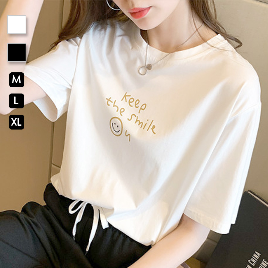 Ｔシャツ ロゴ プリント 半袖 ミドル丈 ゆったり トップス ラウンドネック 大人っぽい シンプル レディース 春 夏 秋 新作 ブラック ホワイトM L XL JOCOSA 7215｜jocosa