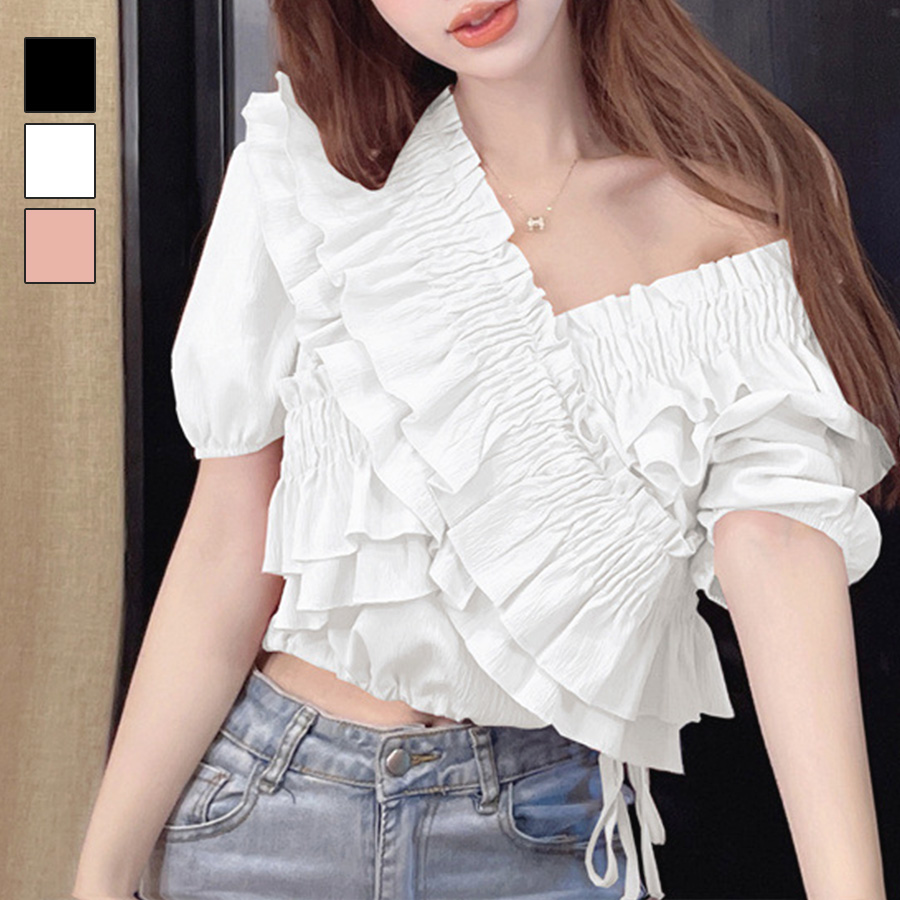 クロスフリル ブラウス トップス 半袖 パフスリーブ ショート丈 襟付き