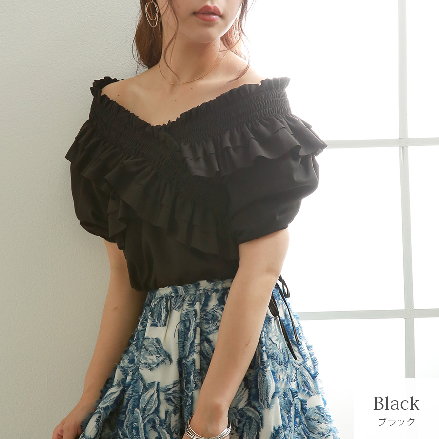 クロスフリル ブラウス トップス 半袖 パフスリーブ ショート丈 襟付き