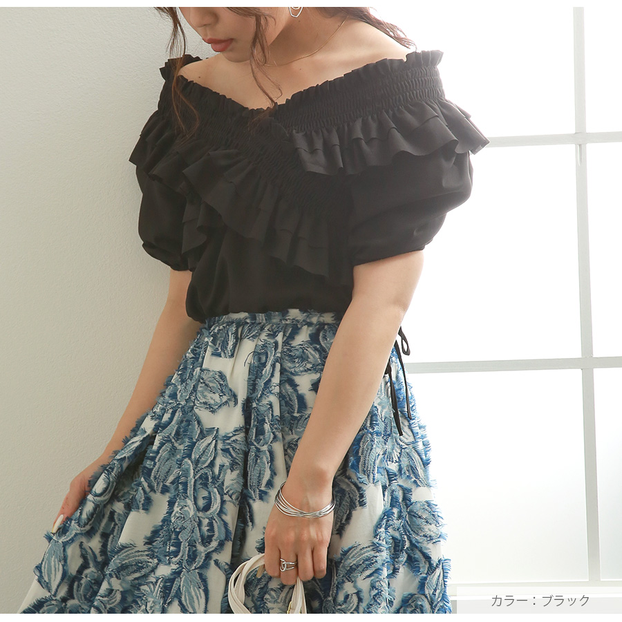 クロスフリル ブラウス トップス 半袖 パフスリーブ ショート丈