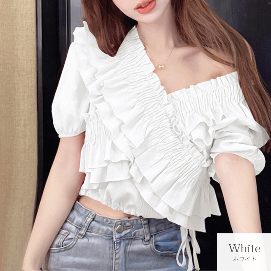 クロスフリル ブラウス トップス 半袖 パフスリーブ ショート丈 襟付き