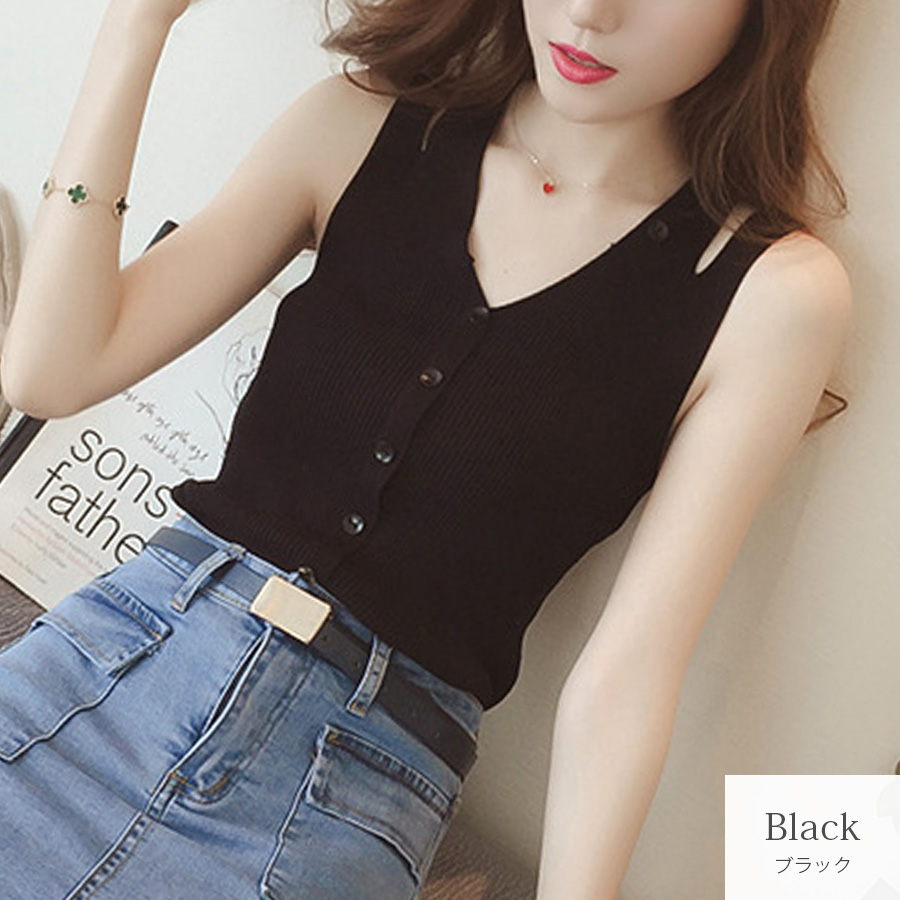 ニット トップス ノースリーブ Vネック 肩スリット ボタン レディース