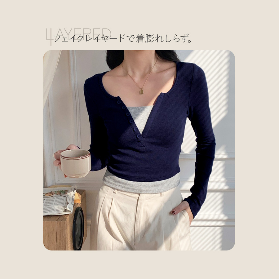 レディース トップス リブニット フェイクレイヤード レイヤード風