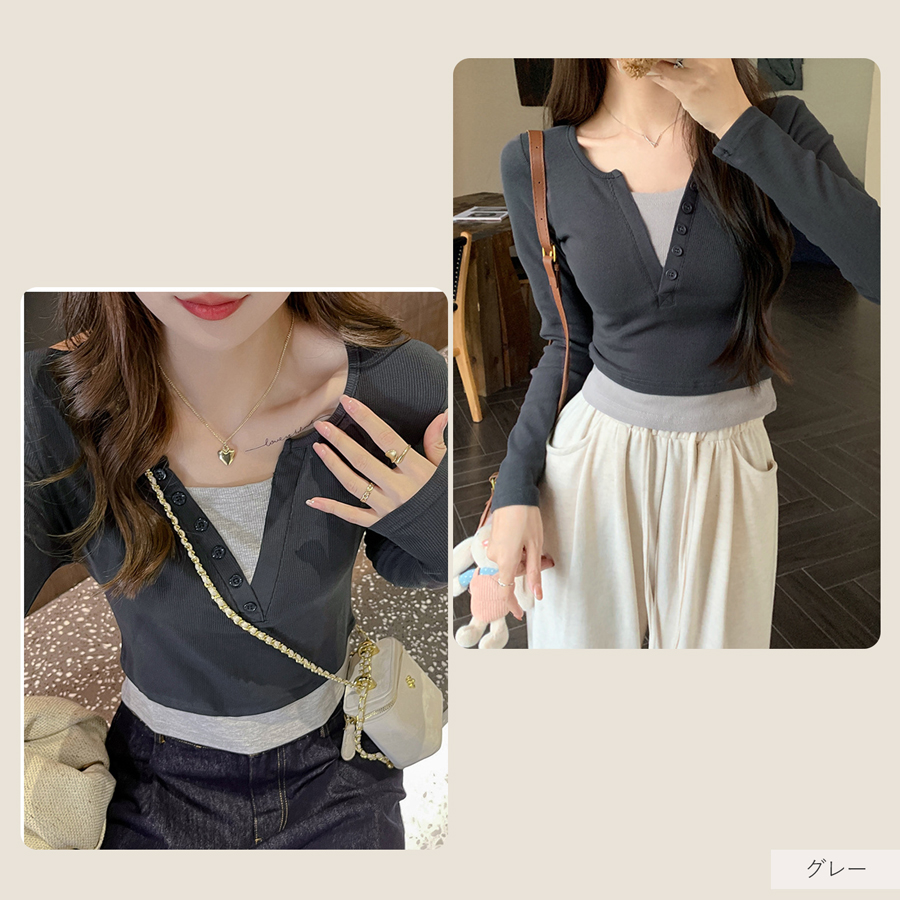 レディース トップス リブニット フェイクレイヤード レイヤード風