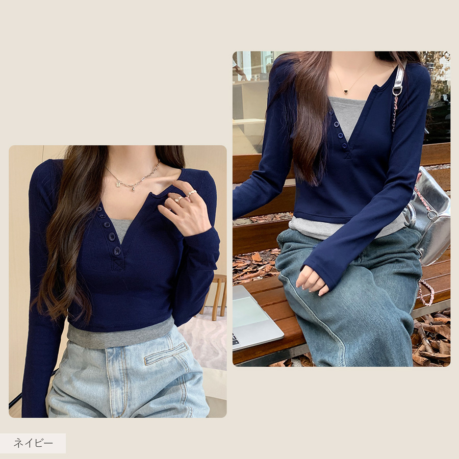 レディース トップス リブニット フェイクレイヤード レイヤード風